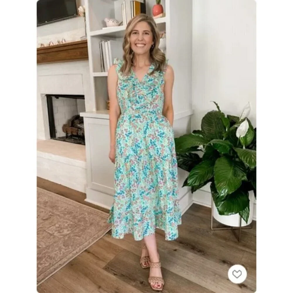 💕J. CREW💕 Printed V-Neck Smocked Midi Dress ~ Fresh Spearmint Floral Print 8